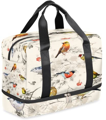 Bolsa deportiva con compartimento para zapatos, pintura de tinta vintage, para pájaros, gimnasio, bolsa de viaje, ligera, impermeable, para hombres y mujeres