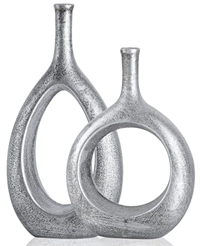 Set di 2 vasi ellittici cavi in ceramica argentata, vaso circolare Boho con foro, per decorazione moderna da tavolo in argento, per mensola decorativa per soggiorno, stile metà secolo moderno, per