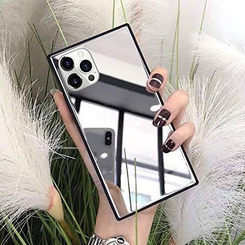 LUVI Compatible with iPhone 14 Pro Mirror Rectangle Case for Women Makeup Cute Luxury Glossy Glass Mirror Back Design with Silicone Bumper Slim Thin Case Fashion Protective Shockproof Cover Silver