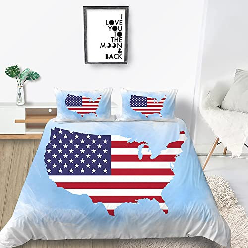 Bettwäsche 155x220 cm Blaue usa-Karte 3 Teilig Atmungsaktive Bettbezug mit Reißverschluss, Weich Mikrofaser Bettwäsche-Sets für Kinder - 1 Bettbezüge und 2 Kissenbezug 80x80cm