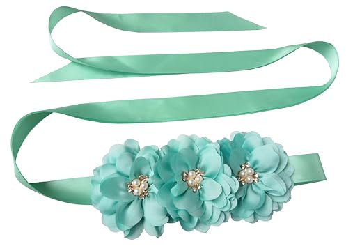 Oyabridal Blumenmädchen-Schärpe Gürtel für Kleider Braut/Brautjungfer Schärpe Gürtel Blume Perlen Schärpen für Hochzeitskleid, Mintgrün, 92''x1''