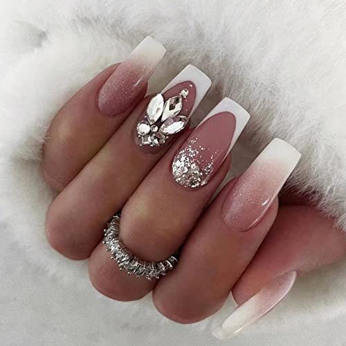 JUSTOTRY 24 Pcs False Nails Long with Jewels,Milky French Press on Nails Patterns,Glossy Ballerina Stick on Nails for Women, Acrylic Coffin Fake Nail Medium for Nail Art