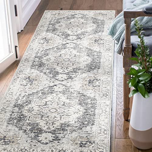TOPICK Runner Rug 60x150cm Hallway Runner Entrance Washable Vintage Grey Rug Thin Non Slip Carpet for Kitchen Bathroom Bedroom