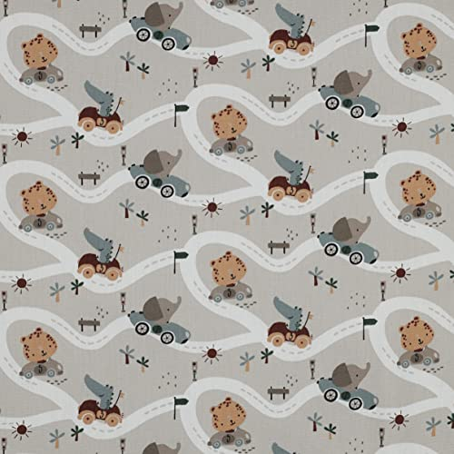 Stoff Meterware Kinderstoff Baumwollstoff Baumwolle - 1 Meter, Nähen, Bettwäsche, Kinder, Baby, Jungen, Mädchen, Bekleidung, Deko (Löwe Elefant Krokodil)