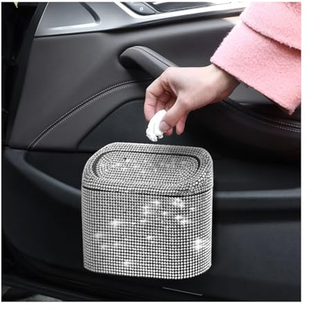JNNJ Auto Mini-Mülleimer Mit Deckel, Multifunktional Kleiner Automülleinmer, Bling Strass Auslaufsicherer Tragbarer Mülleimer Abfalleimer, Universelles Zubehör(Weiß)