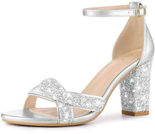 Allegra K Damen-Sandalen mit Bling-Glitzer-Knöchelriemen und hohem Blockabsatz Silber 40