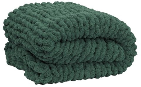 Dazzluxe Chunky Knit Blanket Throw, Soft Chenille Yarn Throw Blanket, Handmade Thick Cable Knit Crochet Blanket, Large Knit Chunky Throw Blanket for Couch Home Decor,Dark Green,100 * 100 cm