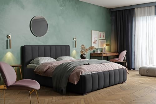 MARPUR Polsterbett Nero mit Kopfteil, 140x200 cm, Doppelbett mit Bettkasten und Lattenrost aus Holz, Velourstoff: Grau