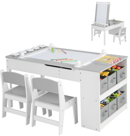 COSTWAY 2-in-1 Kids Art Table and Chairs Set, Wooden Toddler Craft Easel Desk with 2-Tier Open Shelf, Storage Bins, Paper Roll and Paint Cups, Children Play Activity Furniture Set