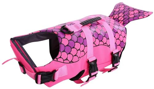 CITÉTOILE Hunde Schwimmweste Hai, Schwimmweste für Kleine Mittlere und Große Hunde, Hund Rettungsweste mit Meerjungfrau Schwanz, Rosa, XS