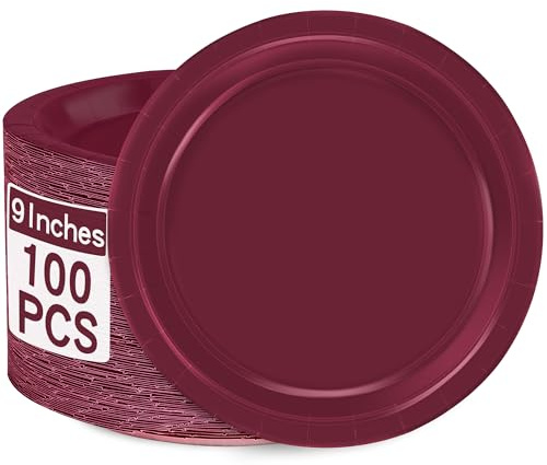100 Count Burgundy Plates Set 9 Inches Round Heavy-duty Maroon Tableware | Disposable Burgundy Party Supplies, Sturdy Paper Dinner Plates Bulk for Birthday Wedding Baby Girl Shower Parties Daily Meals