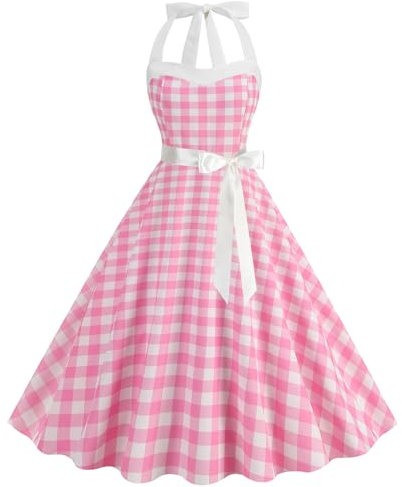 maxToonrain Damenkleid im 50er-Jahre-Stil, gepunktet, 1950er-Jahre-Stil, Cocktail-Party, Abendkleid, 50er-Jahre-Kostüm für Erwachsene, Plaid rosa, L