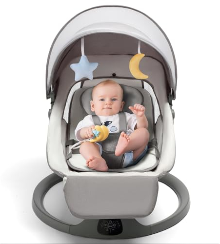 3in1 Sdraietta Neonati Elettrica,Altalena Neonato Elettrica 0-12 kg,5 Velocità d’oscillazione,Dondolo per Neonati Elettrico telecomando e Bluetooth,piatto da cena,Pieghevole,Uso interno ed esterno