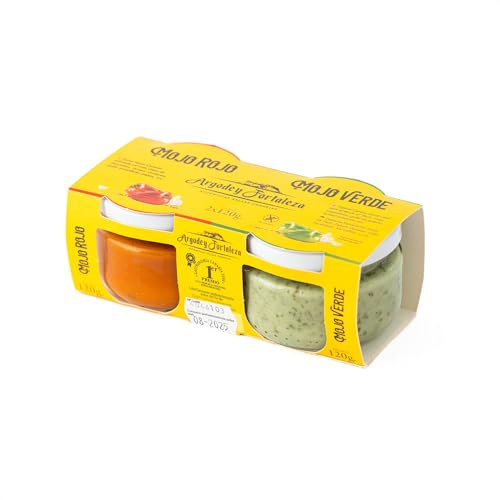 Argodey Fortaleza Pack Mojo Rojo und Mojo Verde Kanarische Soße (2 x 120g) – 2 Einzelgläser, Geschenkverpackung, Perfekte und Vielseitige Sauce zum Bestreichen von Brot, Toast, Arepas, Kartoffeln.