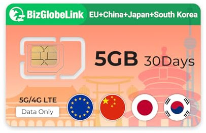 EIOTCLUB Prepaid SIM für Reisen, BizGlobeLink SIM-Karte Internationale Nutzung in China, Japan und Südkorea, nur Daten, 5G/4G LTE, ohne Vertrag, nachfüllbar, für Handys, WLAN-Router & Tablets