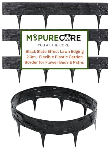MYPURECORE Black Stone Effect Lawn Edging 2.3m - Flexible Plastic Garden Border for Flower Beds & Paths | Weather-Resistant & Recyclable Palisade | Easy Install Edging for Grass, Gravel & Landscape