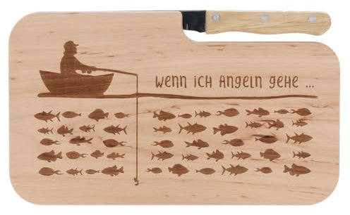 Spruchreif | Brotzeitbrett mit Messer Wenn ich angeln gehe… – Graviertes Holzbrett mit Angel-Motiv | Lustiges Geschenk für Angler & Outdoor-Fans