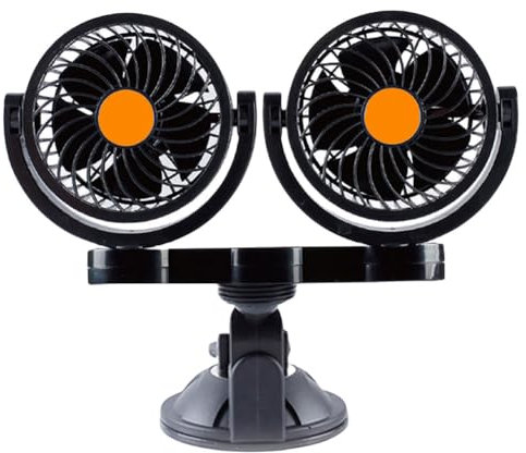 Fiorky 12 V/24 V Luftzirkulationsventilator, 360 drehbar, Doppelkopf-Elektroauto-Zirkulator, einstellbare Geschwindigkeit, geräuscharm, automatischer elektrischer Ventilator mit Saugnapf, So