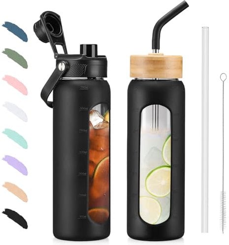 BLUEGO 700ML Bouteille d'eau en Verre et 2 Couvercles Gourde Reutilisable Tasse à Café avec Marqueur de Temps et Protecteur en Silicone Sans BPA pour Enfant et Adultes, Noir