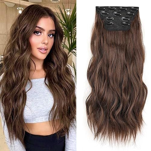 Xtrend 20 Zoll lange Welle Haarverlängerung Dunkle Braun Clip-in Haarverlängerung Synthetisches Haar für Frauen und Mädchen 4PCS Volles Set Dicke Locken Welle Synthetisches Haar (9#)