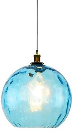 HerfsT Luminaire Suspendu de 11,81 Pouces pour îlot de Cuisine en Verre soufflé à la Main, Lampe à Suspension réglable avec Abat-Jour Boule à Bulles Bleues pour évier, Couloir, entrée, décoration