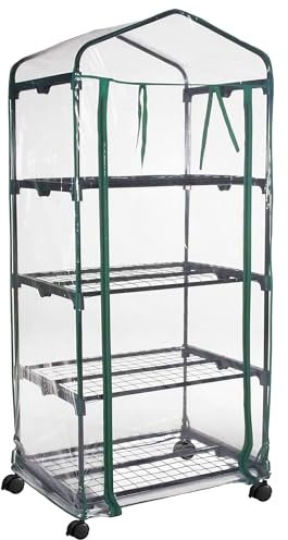 ESTO Serre de balcon de jardin, corps en polycarbonate et bâche en PVC transparent, convient pour les cultures d'hiver, couverture pour plantes et fleurs (4 étagères avec roues)