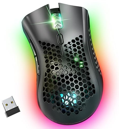 WolfLawS Wireless Gaming Mouse, 2.4G Rechargeable Wireless Mouse with Honeycomb Shell, for PC/Laptop/Mac, 6 Programmed Buttons, 3 Adjustable DPI, USB Receiver, Ergonomic Optical Gamer Mouse with RGB