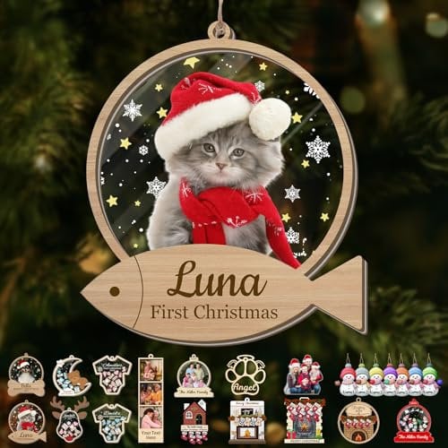 Personalised Cat Christmas Ornament Custom Cat Pet First Ornaments with Name Photo Customised Memorial Ornament for Xmas Tree Hanging Decoration Gifts