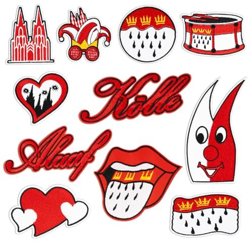 BOFUNX 11 Stücke Karneval Patches zum Aufnähen Köln Aufnäher Patches Rot Weiß Applikation Karneval Bügelbilder für Kleidung Tasche