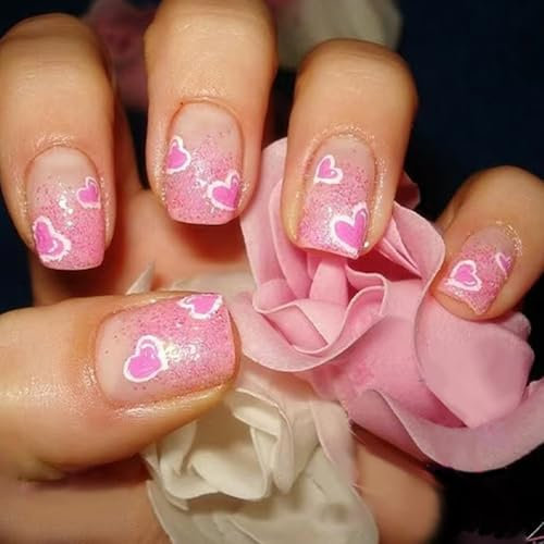 SXVME French False Nails Short Square, Press On Nails with Glitter Pink Heart Desgin Natural Nude Acrylic Fake Nails Press ons Full Cover Stick on Nails For Women 24 Pcs