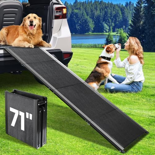 Dog Ramp for Car, 𝟕𝟏 𝐱 𝟏𝟕 Extra Long Folding Dog Ramps, Pet Ramp for Large Dogs with Non-Slip Rug Surface, Portable Dog Steps Up to 250LBS, Outdoor Dog Ramp for Car, SUV, Truck