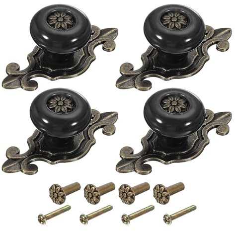 PATIKIL Retro Ceramic Knobs 1-1/4, 4Pcs Vintage Round Drawer Knobs Dresser Petal Pulls Handles with Backplate/Screw/Nut for Kitchen Door Cupboard Wardrobe, Black