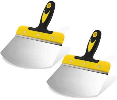 Mgoodoo 2PCS Stainless Steel Bucket Scoop,6.7 inch Curved Contoured Blade Putty Knife for Drywall & Plaster,Rustproof Scraper Tools with Soft-Grip Handle for Clean Paint,Mortar,Putty,etc(Yellow)