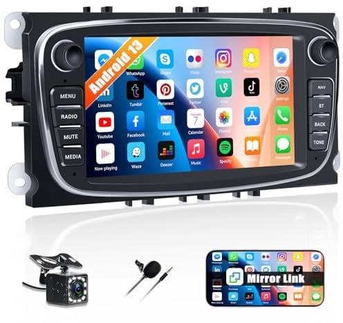 Zomolither Android 13 1G+32G Car Radio for Ford Focus Mondeo Galaxy Kuga C-MAX S-MAX, 7 inch Touch Screen Stereo with Mirror Link Auto/Wi-Fi/Bluetooth/1080P+AHD Backup Camera+MIC
