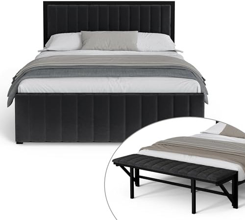 LIFEISLE Bett 140x200cm, Eisen Bettrahmen mit klappbarer Endbank, Polsterbett mit Kopfteil und Lattenrost Ohne Matratze, Großer Stauraum unter dem Bett Dunkelgrau