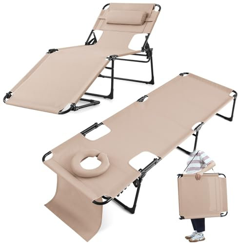 KING BIRD Sonnenliege mit GesichtsöffnungGartenliege mit 5-Fach Verstellbarer Rückenlehne Liege, Klappbar Camping Klappbett für Outdoor Strand Pool (Beige, 200x70x40cm)