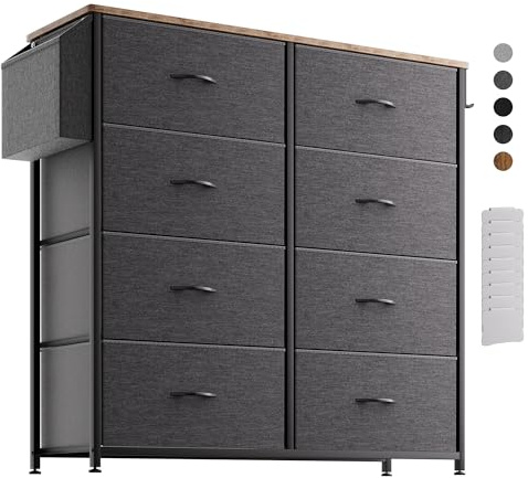 PURFINO Cajonera de Tela - Cómoda Organizador de Lona con 8 Cajones Grandes, Tarjetas de Etiqueta, Bolsillo Lateral y Gancho, para Sala de Estar, Pasillo, Dormitorio