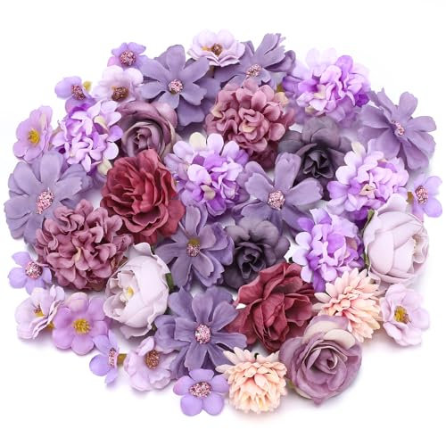 saerryor 40 PCS Artificial Flowers for Decoration, Fake Flower Heads for Cake Decorations, Silk Purple Flowers for DIY Party Decorative Bridal Bouquet Flower Wall Panel Wedding Party Home Decor