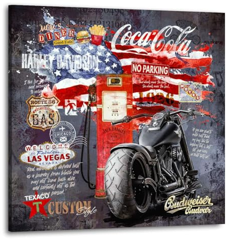 Kunstgestalten24 Harley Wandbild im Retro USA Stil – Pop Art Collage mit Motorrad, Route 66 & Coke – auf Leinwand mit Echtholz-Keilrahmen | 60x60x4cm