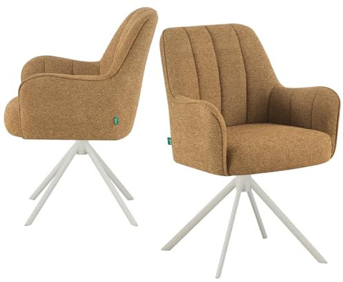 DUBI Möbel® Premium Esszimmerstühle Thomas-Zuri 2er Set – Armlehnstuhl mit Federkernpolsterung in Senf Gelb, Drehgestell in weiß mit Auto-Rückstellfunktion