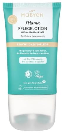 MABYEN Mama Pflegelotion 150 ml | Feuchtigkeitspflege Schwangerschaft & Stillzeit – Bio-Mandelöl, Wildrosenöl & Squalan – Massage mit Silikonaufsatz – vegane Naturkosmetik
