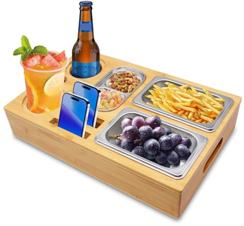Couchbar Snackbox, Praktischer Sofatablett Snackbox mit Fächern, Abnehmbarer Deckel mit 3 Abnehmbarem Snackbox Edelstahl mit Getränkehalter für Wohnzimmer Garten Camping Couchbar Wohnmobil