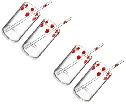 Toyvian 4 Ensembles Lot de Verres Transparent avec Motif Fraise et Paille Gobelets à Eau Pratiques pour Maison et Fêtes Tasses Cocktail Claires et Résistantes