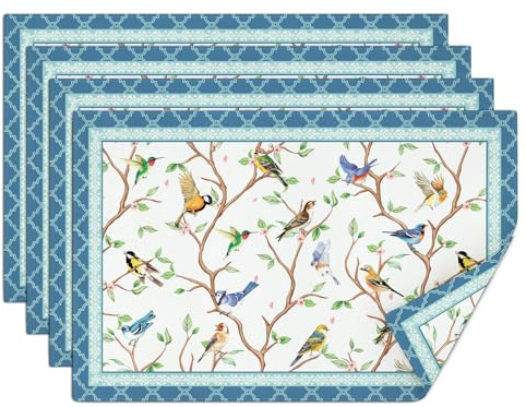 comfoyar Blauer Vogel Platzsets 4er Set, rutschfeste Leinen Frühling Blumen Tischsets Waschbare, Rechteckig Platzdeckchen für Innen, Küche, Esszimmer Partytisch Dekoration(30x45cm)
