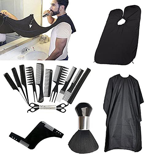 16pcs Hair Beard Grooming Cutting Kit with Shears Razor Edge Thinning Scissors Barber Combs Salon Cape Apron Duster Brush Shaper Portable Styling for Home