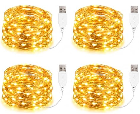 ZingBox 4 Stück LED Lichterkette mit USB, 1 M 10 LED, Warmweiß Draht | Kupferdraht Lichterkette mit Stecker, Micro Draht Lichterketten für Weihnachten, Halloween, Hochzeit, Schlafzimmer Deko