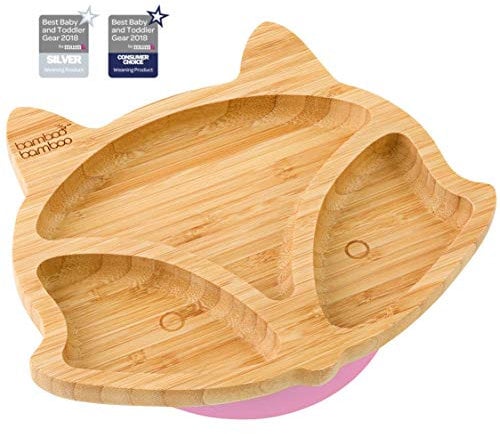 bamboo bamboo Baby Teller Kinderteller, Kindergeschirr mit Saugnapf, Sugnapf Teller Baby ab 6 Monaten (Fuchs, Rosa)