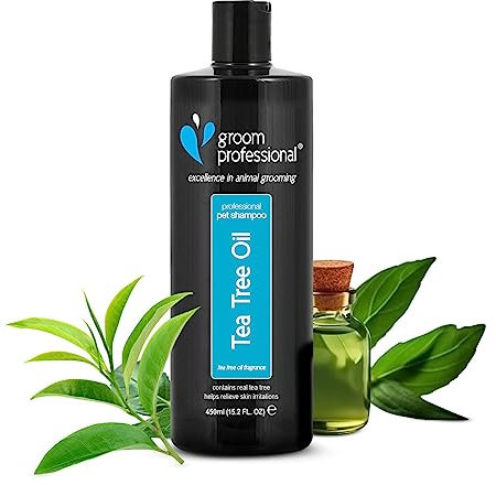 GROOM PROFESSIONAL Tea Tree Oil Hundeshampoo Sensitiv - Hundeshampoo Gegen Juckreiz - Beruhigendes Shampoo für Juckende Haut - Lindert Hautreizungen - Beruhigt und Heilt, 450ml