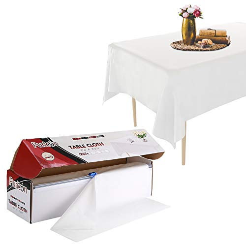 Puricon 137 x 274 cm Einweg Tischdecke Rolle mit Clip aus Plastik,Frei schneidbar Wasserdicht Wachstuch Rolle (12Stück) Abwaschbar Tischtuch für Garten Buffet Party Hochzeit Camping -Weiß