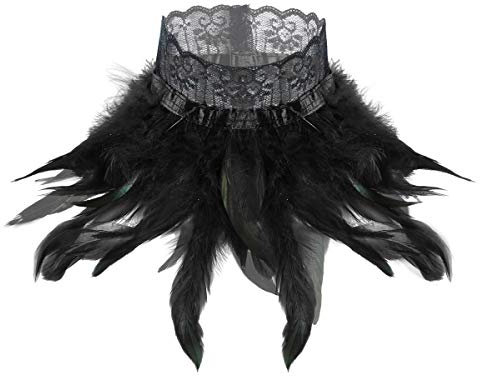 CHICTRY Damen Feder Halsband Kragen Schwarz Choker Kropfband Kette Karneval Rabe Kostüm Vogel Federkragen mit Klettverschluss Schwarz One Size